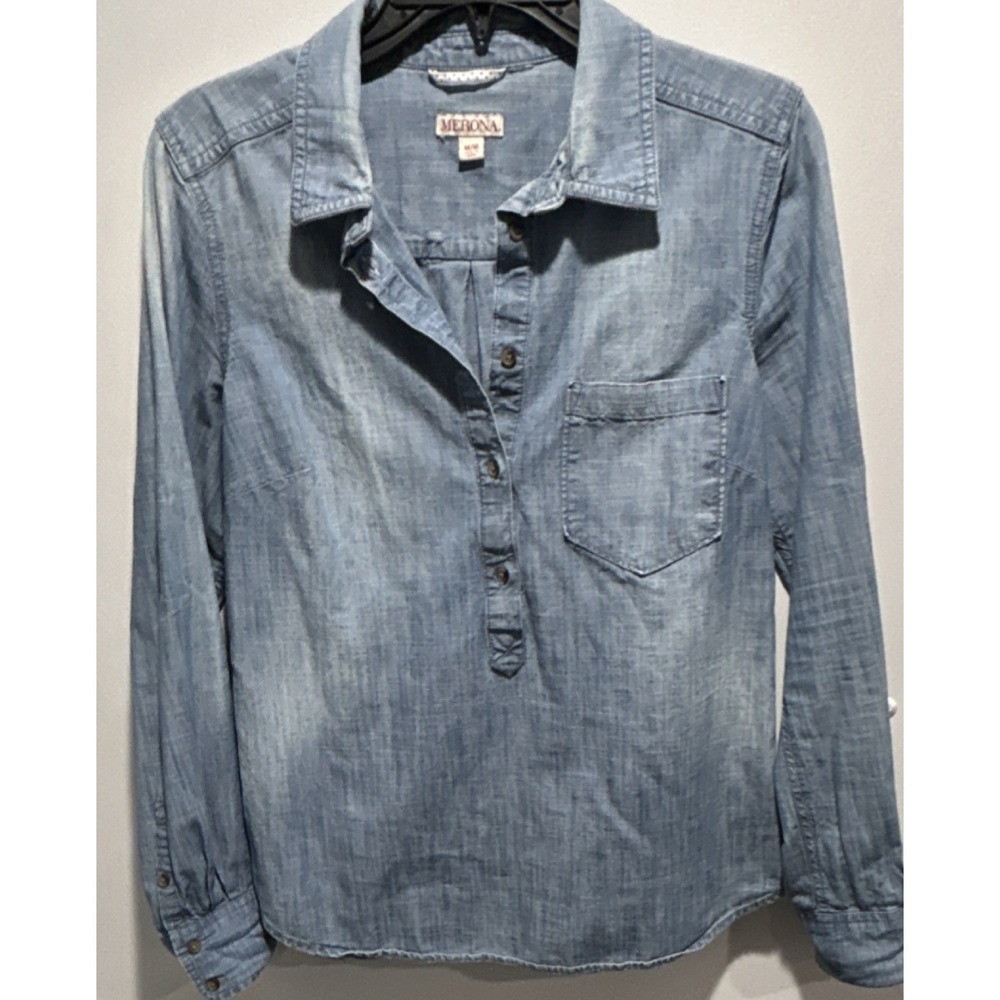 Merona Blue Denim Collared Blouse M Button Long Sleeve Solid Casual